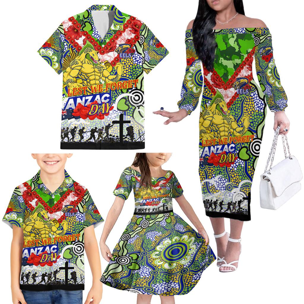 Personalised Eels ANZAC Day Family Matching Off The Shoulder Long Sleeve Dress and Hawaiian Shirt Aboriginal Rising Sun