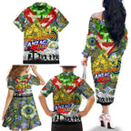 Personalised Eels ANZAC Day Family Matching Off The Shoulder Long Sleeve Dress and Hawaiian Shirt Aboriginal Rising Sun