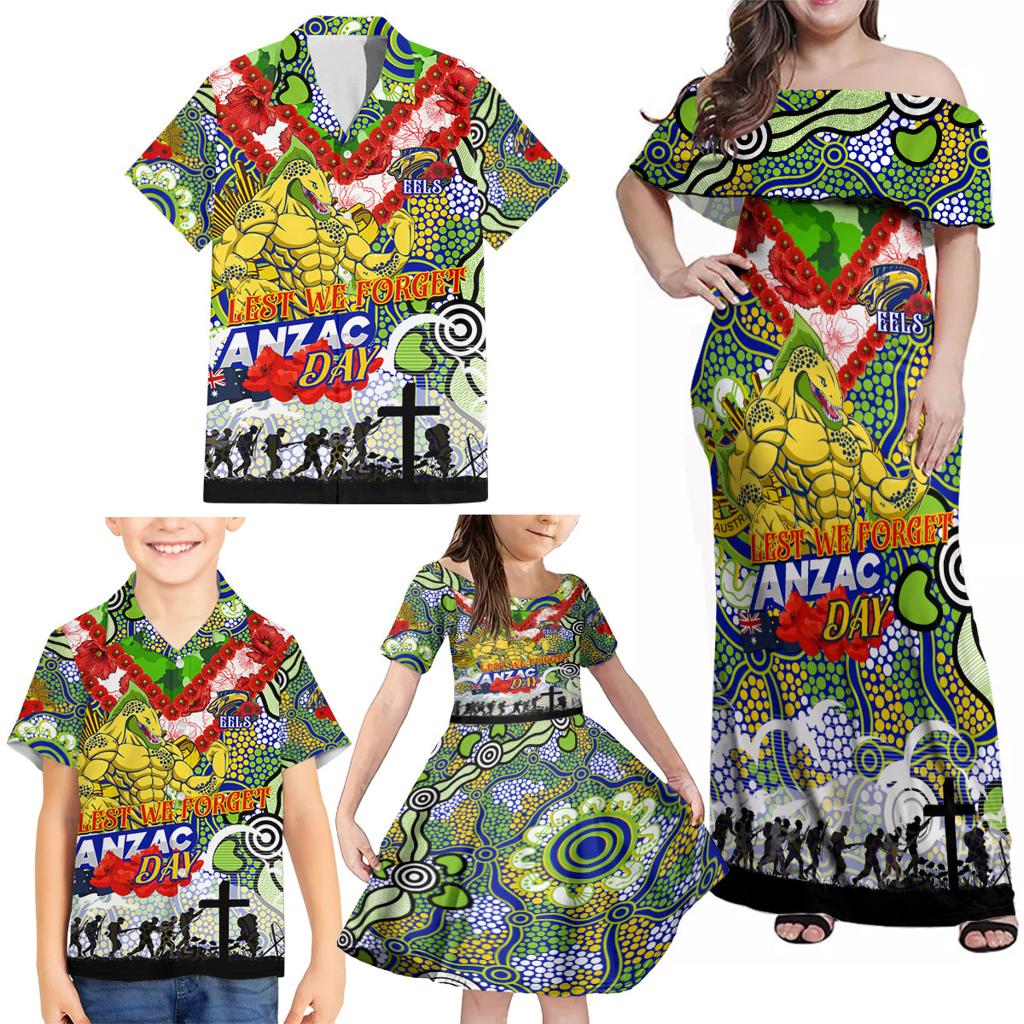 Personalised Eels ANZAC Day Family Matching Off Shoulder Maxi Dress and Hawaiian Shirt Aboriginal Rising Sun