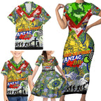 Personalised Eels ANZAC Day Family Matching Short Sleeve Bodycon Dress and Hawaiian Shirt Aboriginal Rising Sun