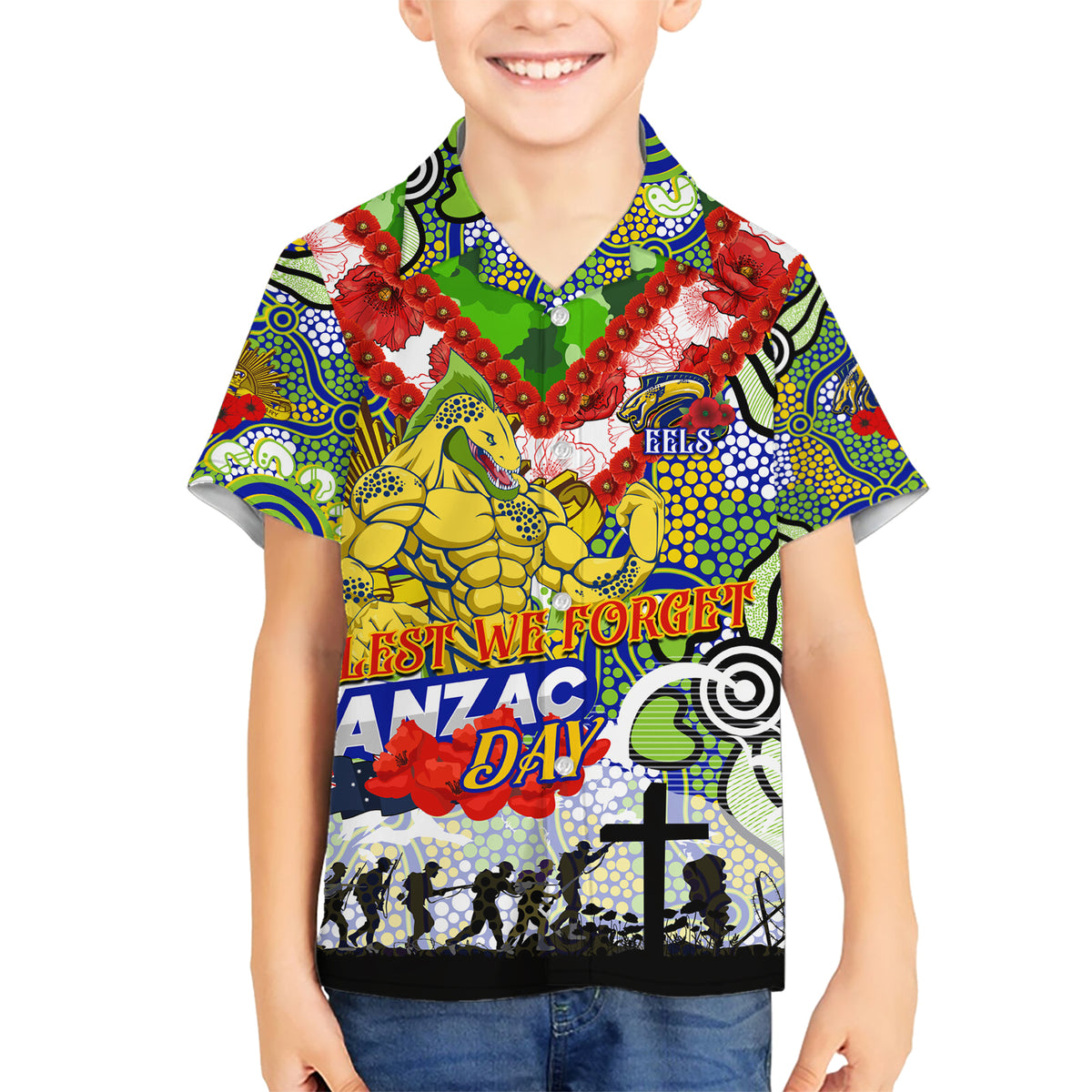 Personalised Eels ANZAC Day Kid Hawaiian Shirt Aboriginal Rising Sun
