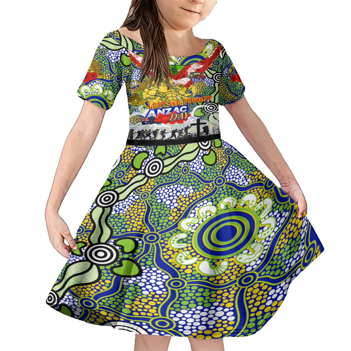 Personalised Eels ANZAC Day Kid Short Sleeve Dress Aboriginal Rising Sun