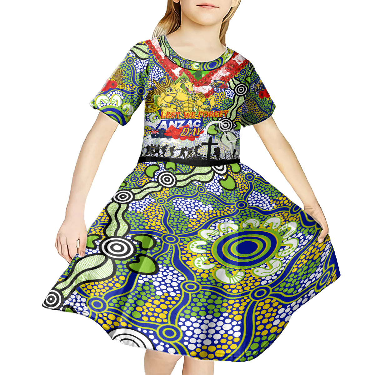 Personalised Eels ANZAC Day Kid Short Sleeve Dress Aboriginal Rising Sun