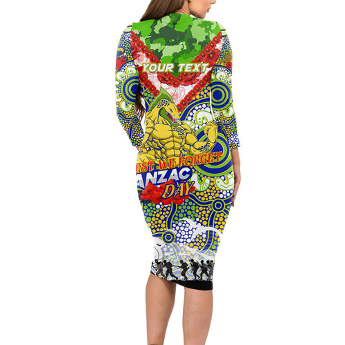 Personalised Eels ANZAC Day Long Sleeve Bodycon Dress Aboriginal Rising Sun