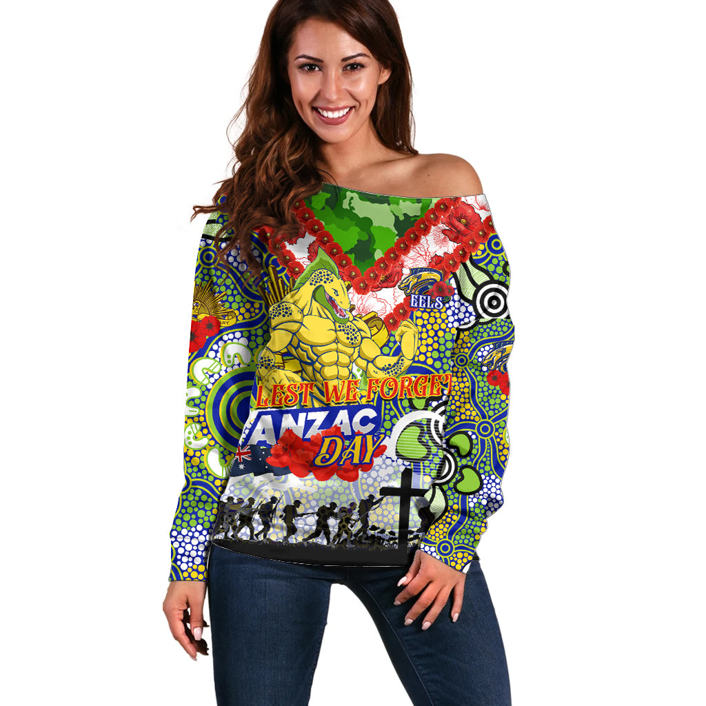 Personalised Eels ANZAC Day Off Shoulder Sweater Aboriginal Rising Sun