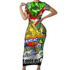 Personalised Eels ANZAC Day Short Sleeve Bodycon Dress Aboriginal Rising Sun