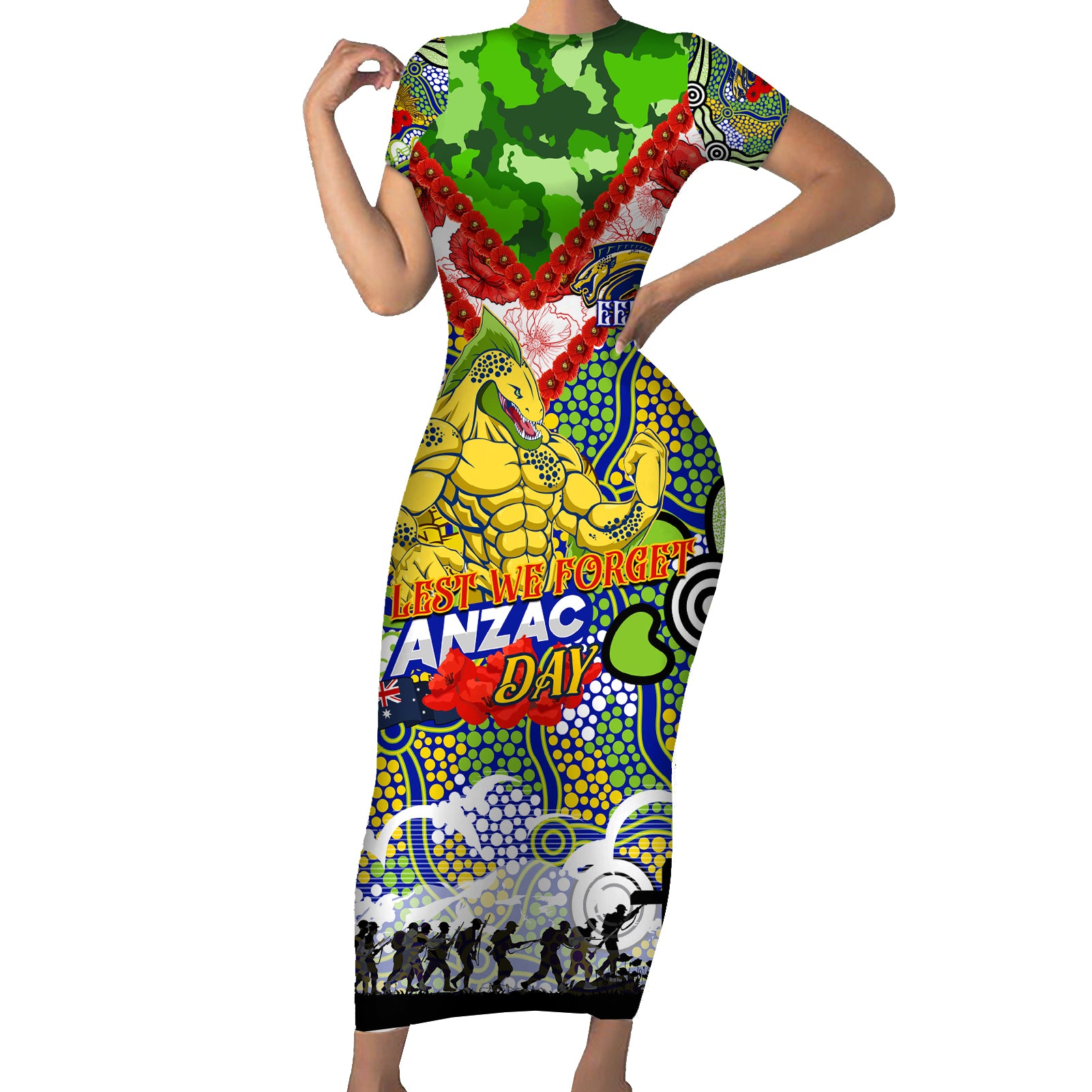 Personalised Eels ANZAC Day Short Sleeve Bodycon Dress Aboriginal Rising Sun