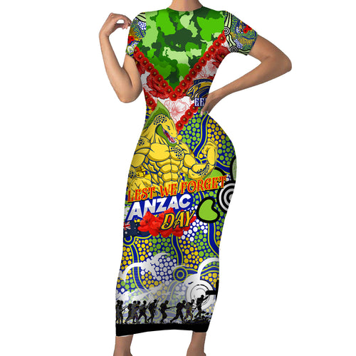 Personalised Eels ANZAC Day Short Sleeve Bodycon Dress Aboriginal Rising Sun