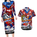 Personalised Roosters ANZAC Day Couples Matching Long Sleeve Bodycon Dress and Hawaiian Shirt Aboriginal Rising Sun