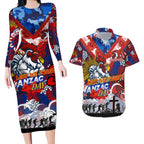 Personalised Roosters ANZAC Day Couples Matching Long Sleeve Bodycon Dress and Hawaiian Shirt Aboriginal Rising Sun