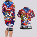 Personalised Roosters ANZAC Day Couples Matching Long Sleeve Bodycon Dress and Hawaiian Shirt Aboriginal Rising Sun