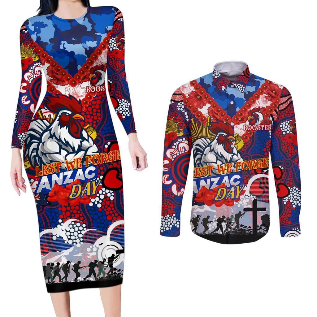 Personalised Roosters ANZAC Day Couples Matching Long Sleeve Bodycon Dress and Long Sleeve Button Shirt Aboriginal Rising Sun