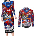 Personalised Roosters ANZAC Day Couples Matching Long Sleeve Bodycon Dress and Long Sleeve Button Shirt Aboriginal Rising Sun