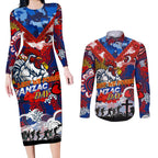 Personalised Roosters ANZAC Day Couples Matching Long Sleeve Bodycon Dress and Long Sleeve Button Shirt Aboriginal Rising Sun