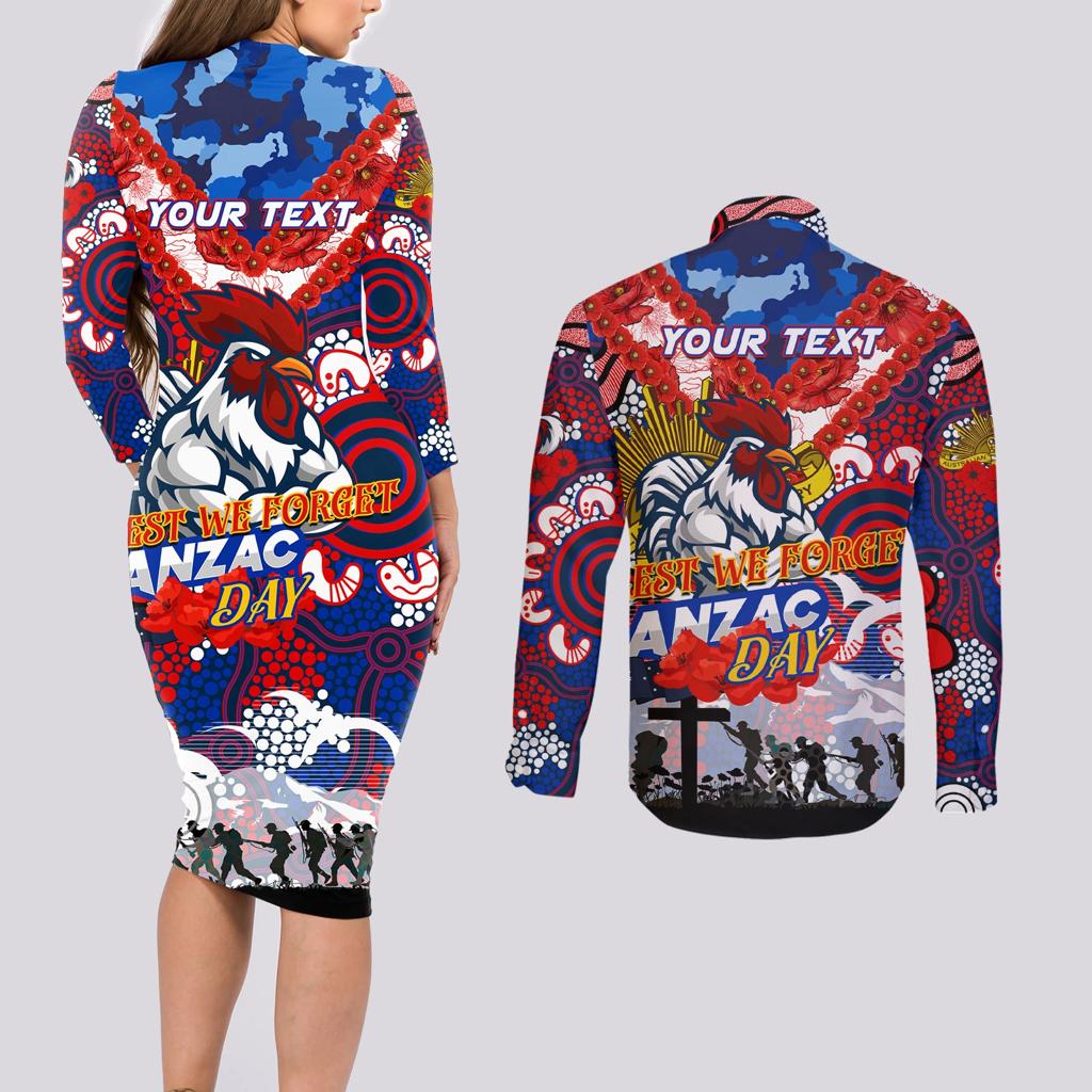 Personalised Roosters ANZAC Day Couples Matching Long Sleeve Bodycon Dress and Long Sleeve Button Shirt Aboriginal Rising Sun