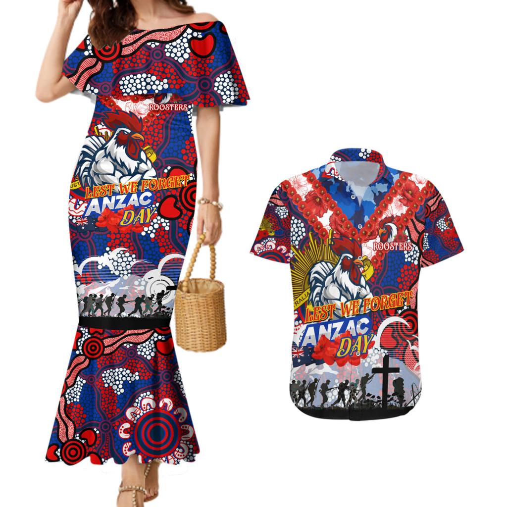 Personalised Roosters ANZAC Day Couples Matching Mermaid Dress and Hawaiian Shirt Aboriginal Rising Sun