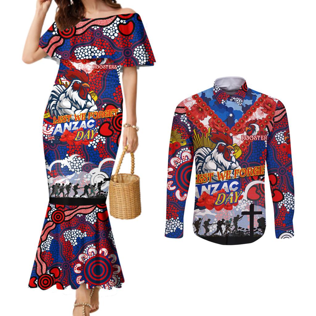 Personalised Roosters ANZAC Day Couples Matching Mermaid Dress and Long Sleeve Button Shirt Aboriginal Rising Sun