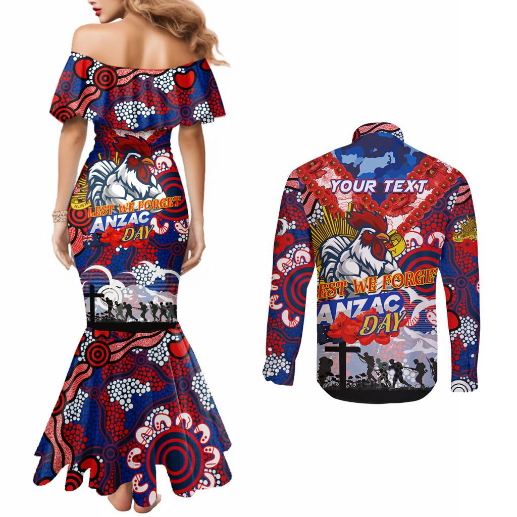 Personalised Roosters ANZAC Day Couples Matching Mermaid Dress and Long Sleeve Button Shirt Aboriginal Rising Sun