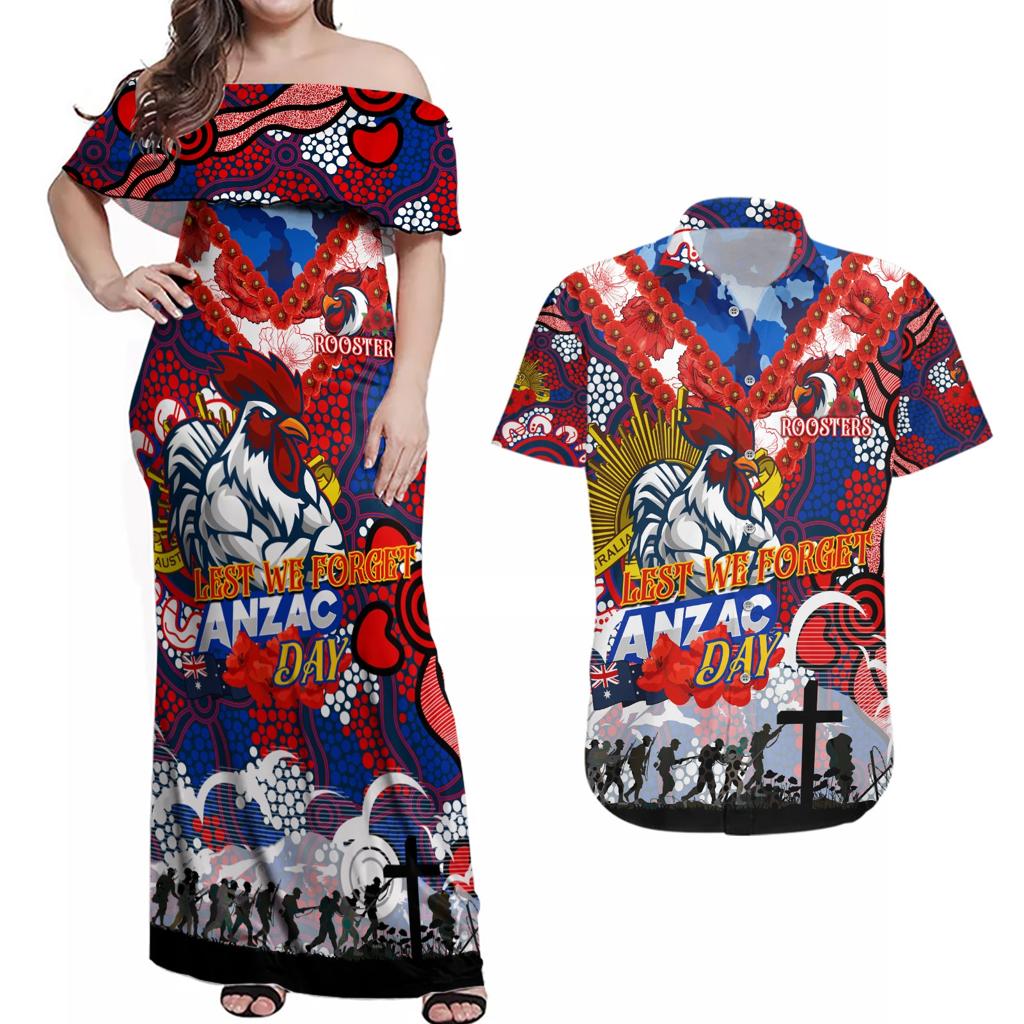 Personalised Roosters ANZAC Day Couples Matching Off Shoulder Maxi Dress and Hawaiian Shirt Aboriginal Rising Sun