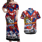 Personalised Roosters ANZAC Day Couples Matching Off Shoulder Maxi Dress and Hawaiian Shirt Aboriginal Rising Sun