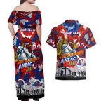 Personalised Roosters ANZAC Day Couples Matching Off Shoulder Maxi Dress and Hawaiian Shirt Aboriginal Rising Sun