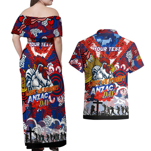 Personalised Roosters ANZAC Day Couples Matching Off Shoulder Maxi Dress and Hawaiian Shirt Aboriginal Rising Sun
