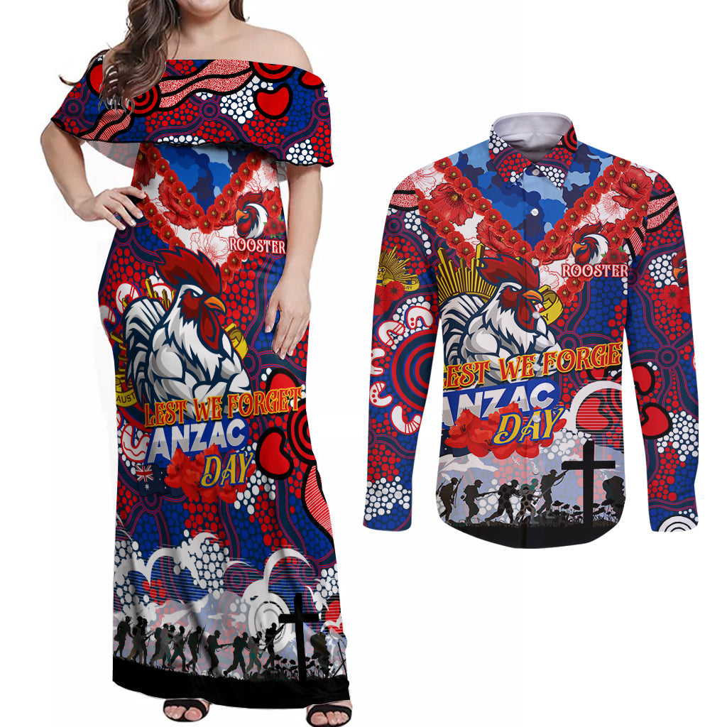 Personalised Roosters ANZAC Day Couples Matching Off Shoulder Maxi Dress and Long Sleeve Button Shirt Aboriginal Rising Sun
