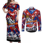 Personalised Roosters ANZAC Day Couples Matching Off Shoulder Maxi Dress and Long Sleeve Button Shirt Aboriginal Rising Sun