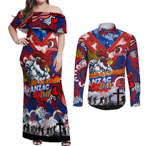 Personalised Roosters ANZAC Day Couples Matching Off Shoulder Maxi Dress and Long Sleeve Button Shirt Aboriginal Rising Sun