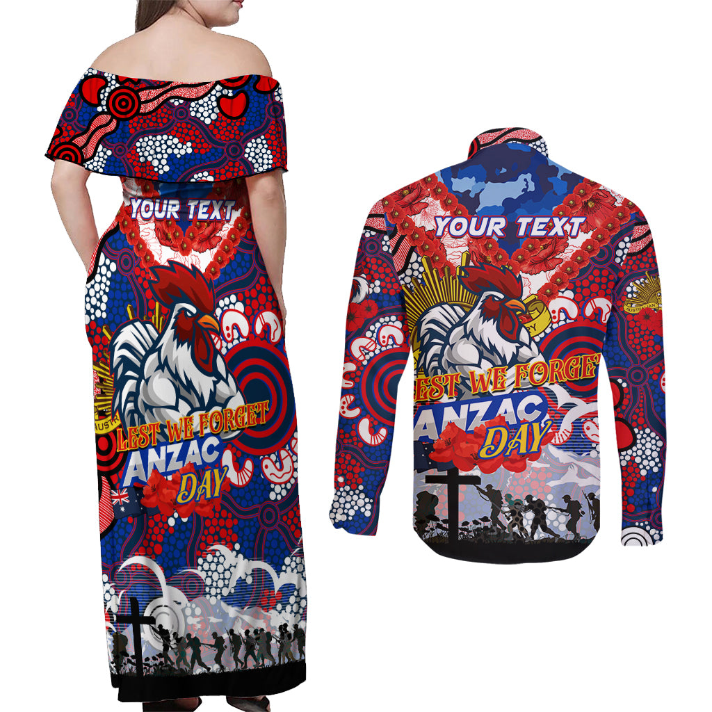 Personalised Roosters ANZAC Day Couples Matching Off Shoulder Maxi Dress and Long Sleeve Button Shirt Aboriginal Rising Sun