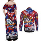 Personalised Roosters ANZAC Day Couples Matching Off Shoulder Maxi Dress and Long Sleeve Button Shirt Aboriginal Rising Sun