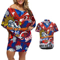Personalised Roosters ANZAC Day Couples Matching Off Shoulder Short Dress and Hawaiian Shirt Aboriginal Rising Sun