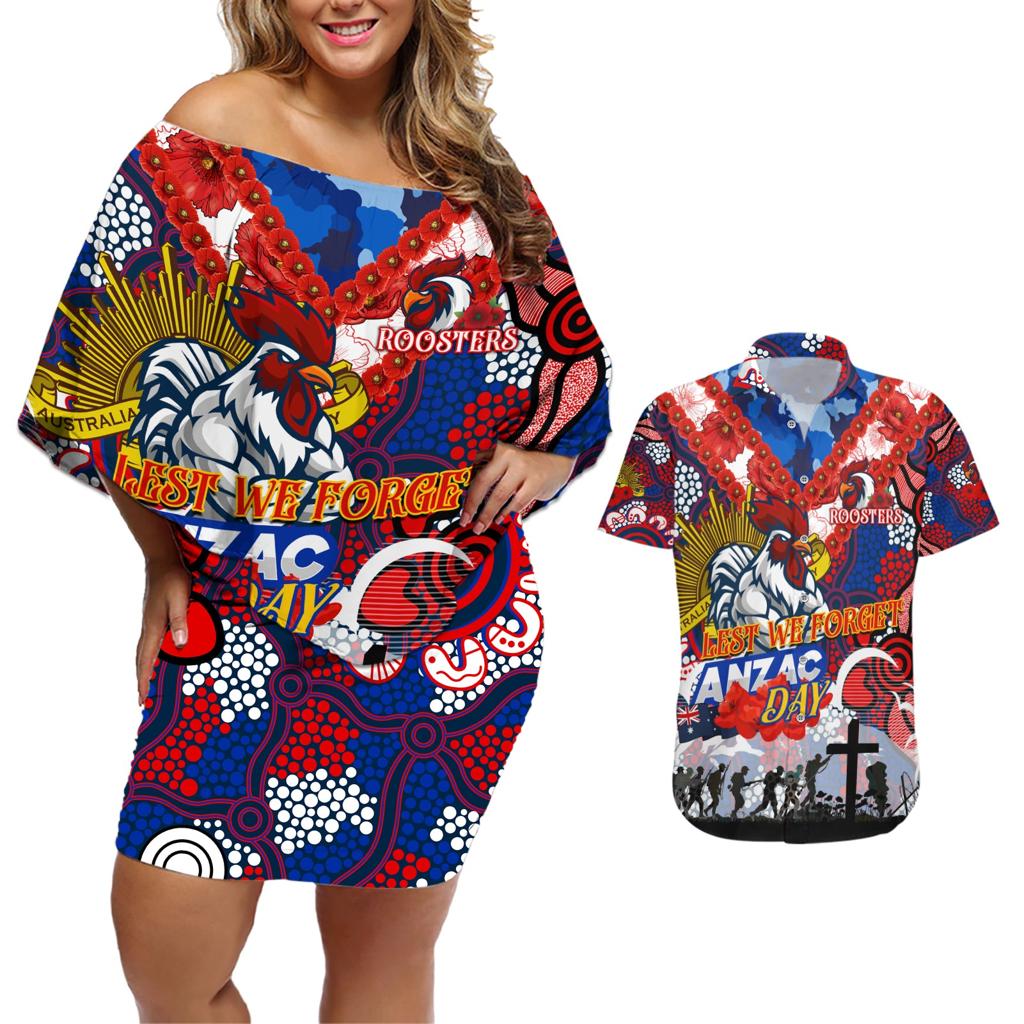 Personalised Roosters ANZAC Day Couples Matching Off Shoulder Short Dress and Hawaiian Shirt Aboriginal Rising Sun