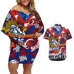 Personalised Roosters ANZAC Day Couples Matching Off Shoulder Short Dress and Hawaiian Shirt Aboriginal Rising Sun