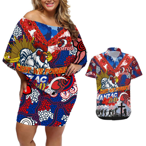 Personalised Roosters ANZAC Day Couples Matching Off Shoulder Short Dress and Hawaiian Shirt Aboriginal Rising Sun