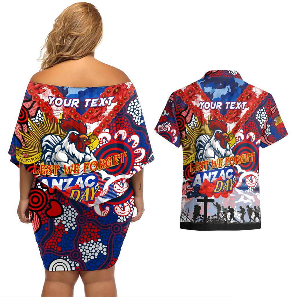 Personalised Roosters ANZAC Day Couples Matching Off Shoulder Short Dress and Hawaiian Shirt Aboriginal Rising Sun