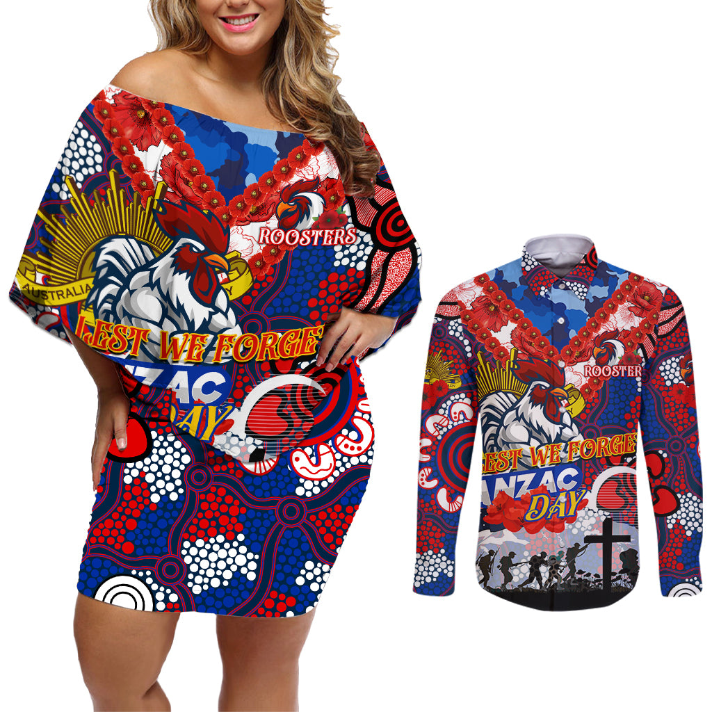 Personalised Roosters ANZAC Day Couples Matching Off Shoulder Short Dress and Long Sleeve Button Shirt Aboriginal Rising Sun