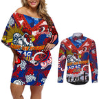 Personalised Roosters ANZAC Day Couples Matching Off Shoulder Short Dress and Long Sleeve Button Shirt Aboriginal Rising Sun