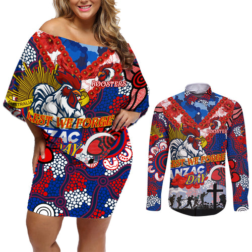 Personalised Roosters ANZAC Day Couples Matching Off Shoulder Short Dress and Long Sleeve Button Shirt Aboriginal Rising Sun