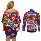 Personalised Roosters ANZAC Day Couples Matching Off Shoulder Short Dress and Long Sleeve Button Shirt Aboriginal Rising Sun