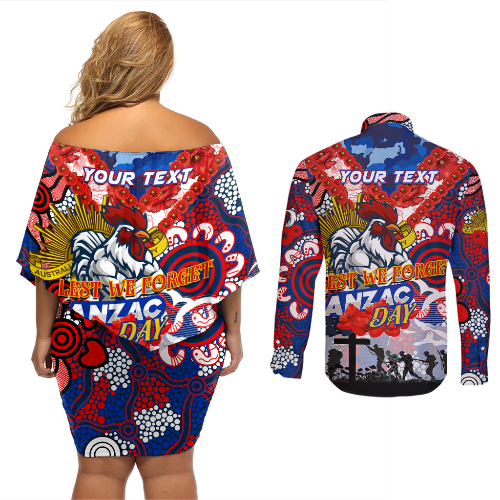 Personalised Roosters ANZAC Day Couples Matching Off Shoulder Short Dress and Long Sleeve Button Shirt Aboriginal Rising Sun
