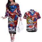 Personalised Roosters ANZAC Day Couples Matching Off The Shoulder Long Sleeve Dress and Hawaiian Shirt Aboriginal Rising Sun