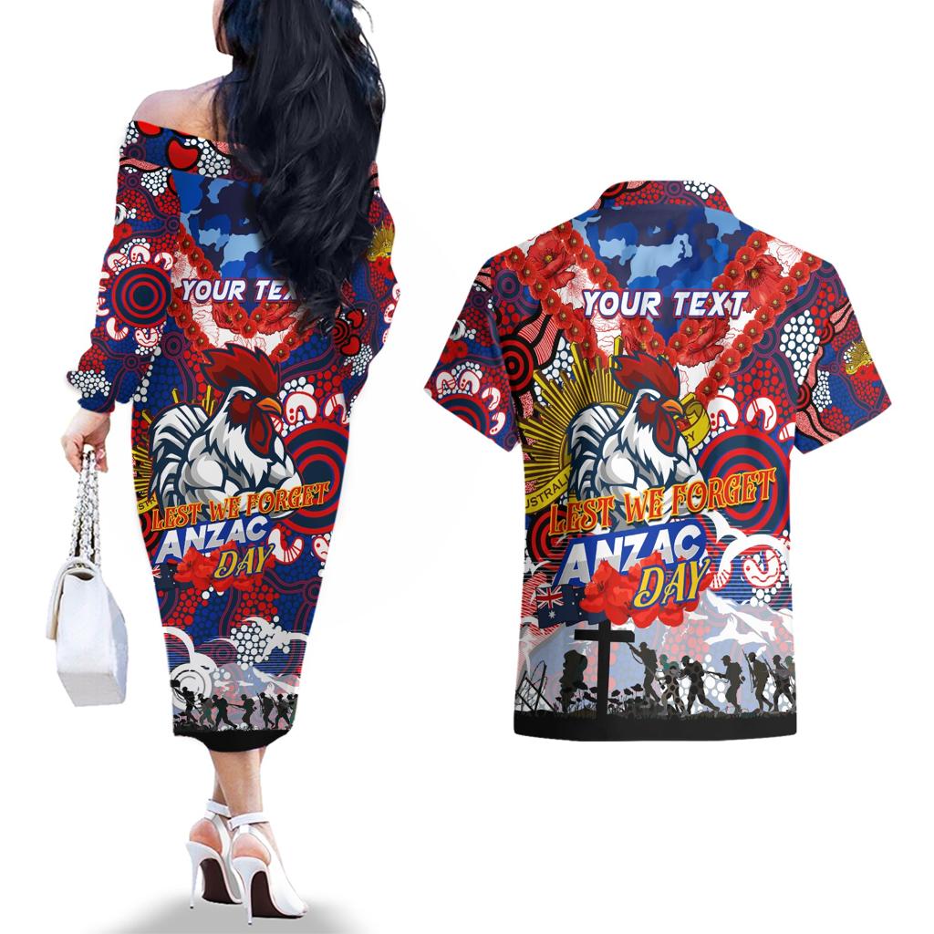 Personalised Roosters ANZAC Day Couples Matching Off The Shoulder Long Sleeve Dress and Hawaiian Shirt Aboriginal Rising Sun