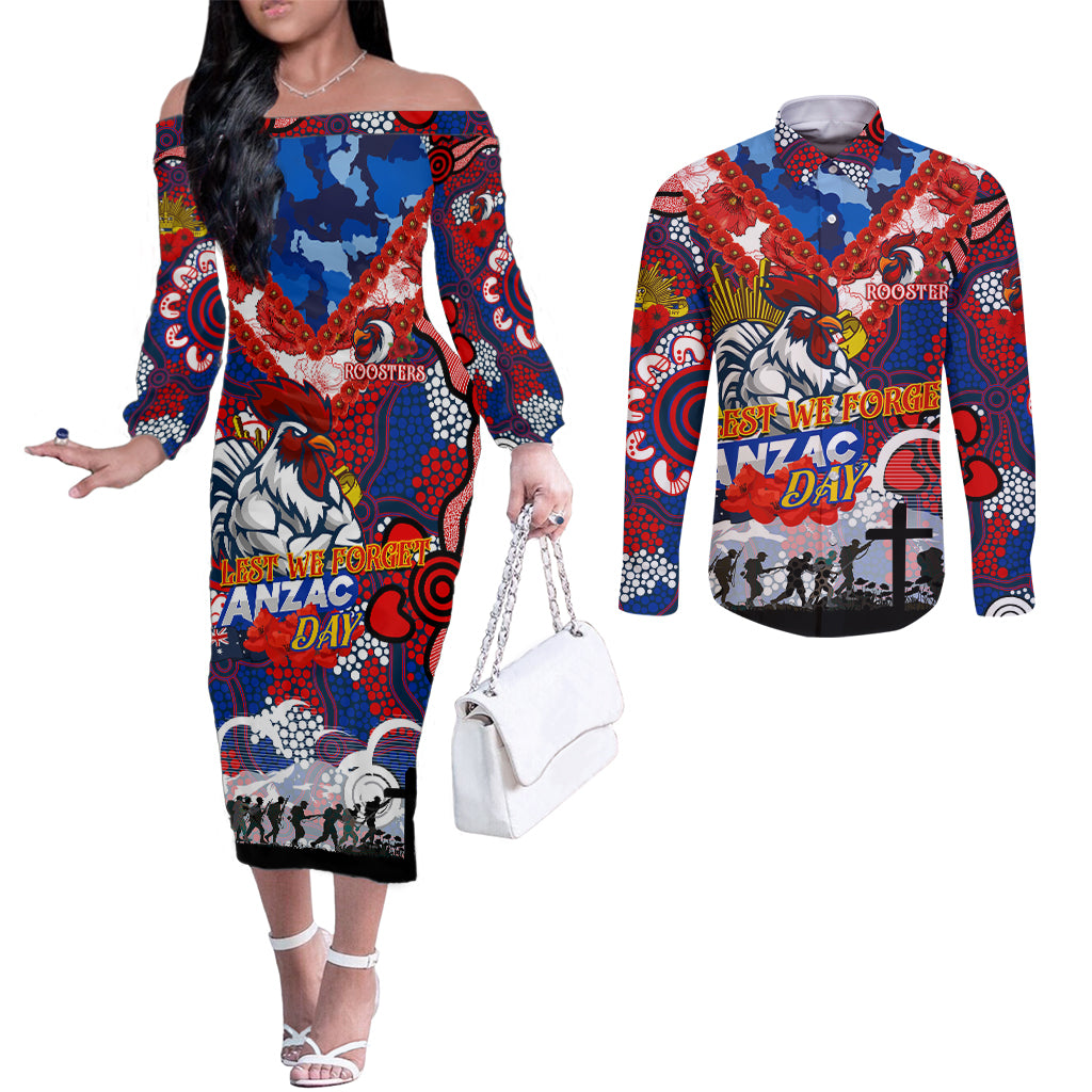 Personalised Roosters ANZAC Day Couples Matching Off The Shoulder Long Sleeve Dress and Long Sleeve Button Shirt Aboriginal Rising Sun
