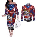 Personalised Roosters ANZAC Day Couples Matching Off The Shoulder Long Sleeve Dress and Long Sleeve Button Shirt Aboriginal Rising Sun