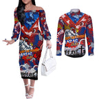 Personalised Roosters ANZAC Day Couples Matching Off The Shoulder Long Sleeve Dress and Long Sleeve Button Shirt Aboriginal Rising Sun