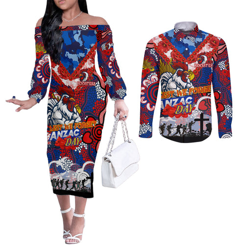 Personalised Roosters ANZAC Day Couples Matching Off The Shoulder Long Sleeve Dress and Long Sleeve Button Shirt Aboriginal Rising Sun