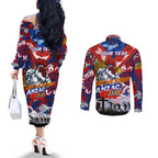 Personalised Roosters ANZAC Day Couples Matching Off The Shoulder Long Sleeve Dress and Long Sleeve Button Shirt Aboriginal Rising Sun
