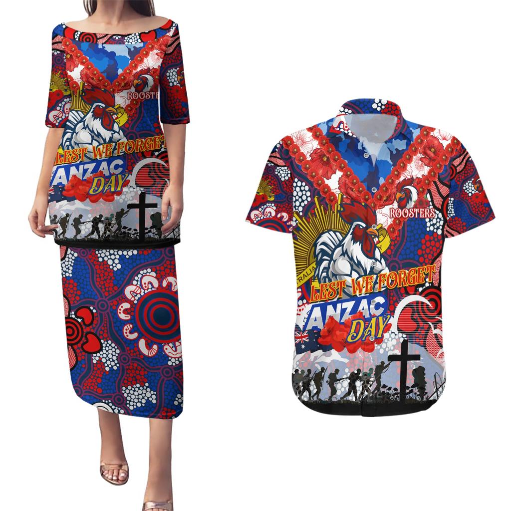 Personalised Roosters ANZAC Day Couples Matching Puletasi and Hawaiian Shirt Aboriginal Rising Sun