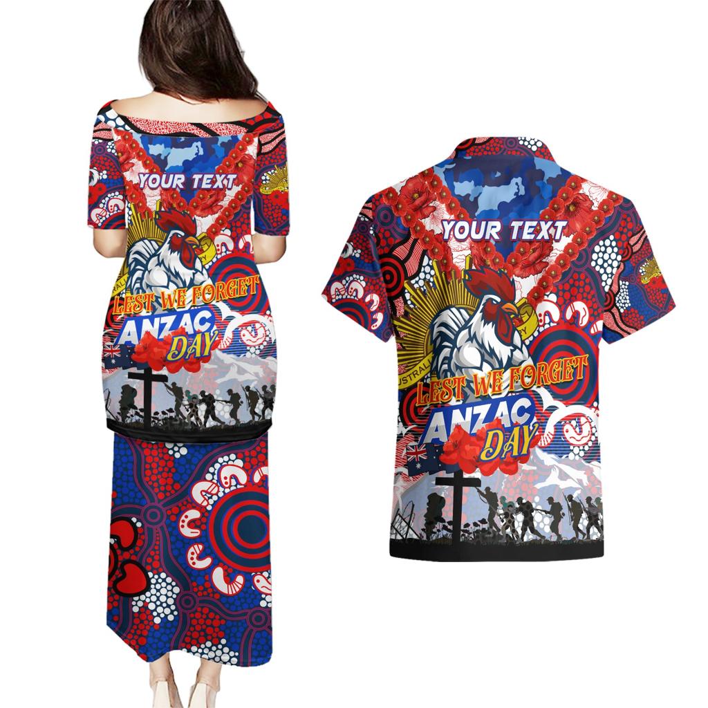 Personalised Roosters ANZAC Day Couples Matching Puletasi and Hawaiian Shirt Aboriginal Rising Sun
